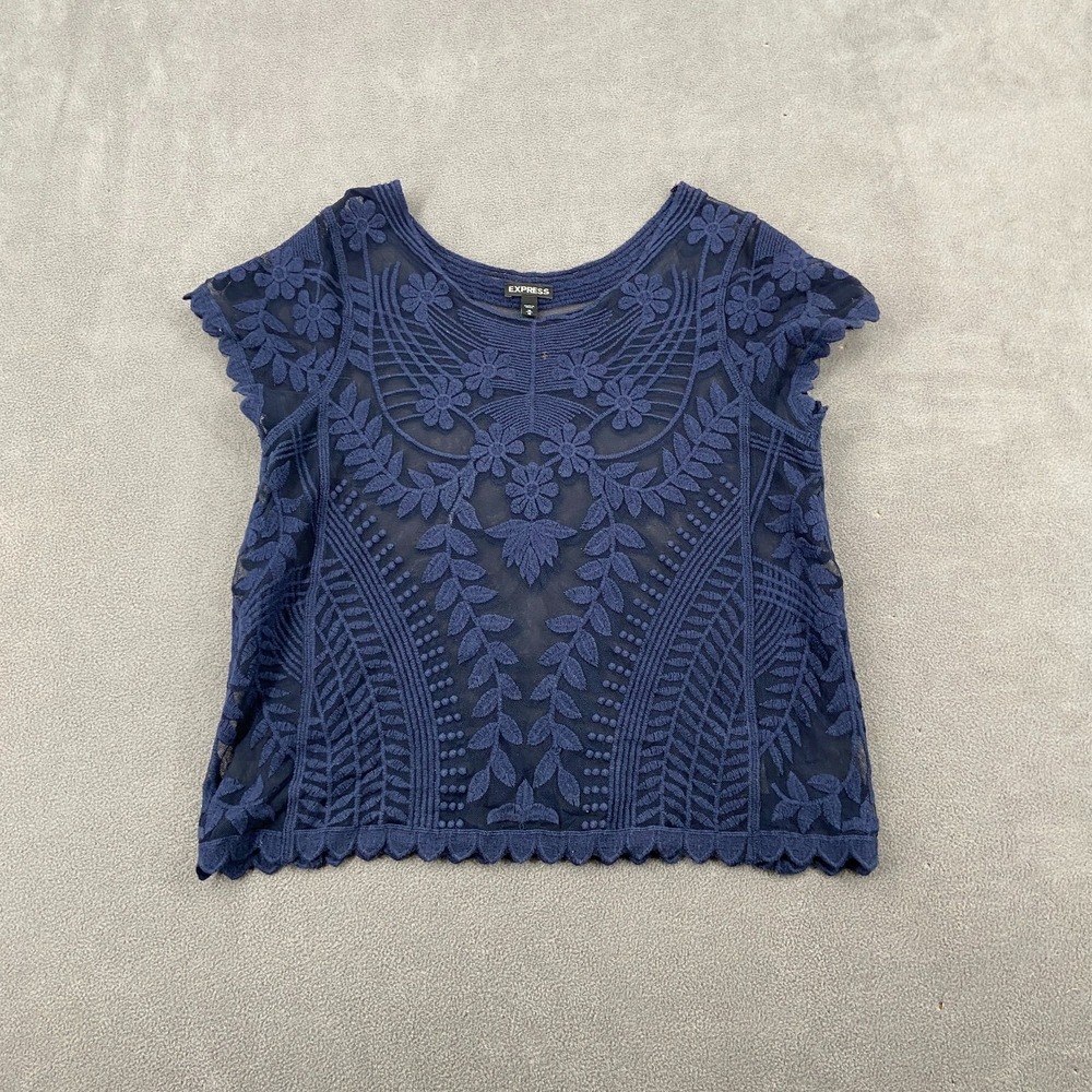 Express Crop Top Womens‎ Medium Blue Floral Lace Sheer Cap Sleeve Scoop Neck